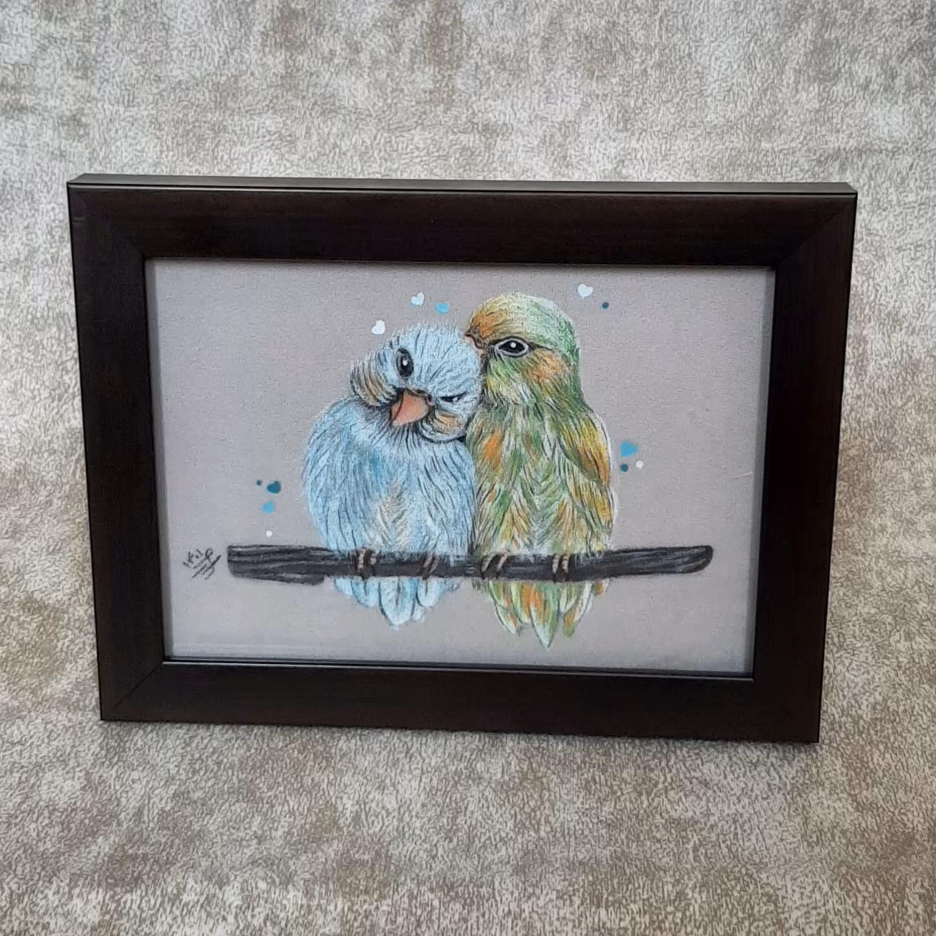 تابلوی نقاشی روی پارچه مخمل طرح مرغ عشق 21 در 16  اثر شهره خاقان زاده