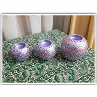 ست شمعدان توپی هنرکده سدنا رنگ یاسی جنس سفالی نقطه کاری شده با دست 