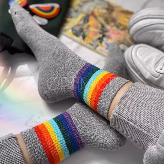 جوراب ساق رنگین کمونی نیم ساق زمینه طوسی فری سایز