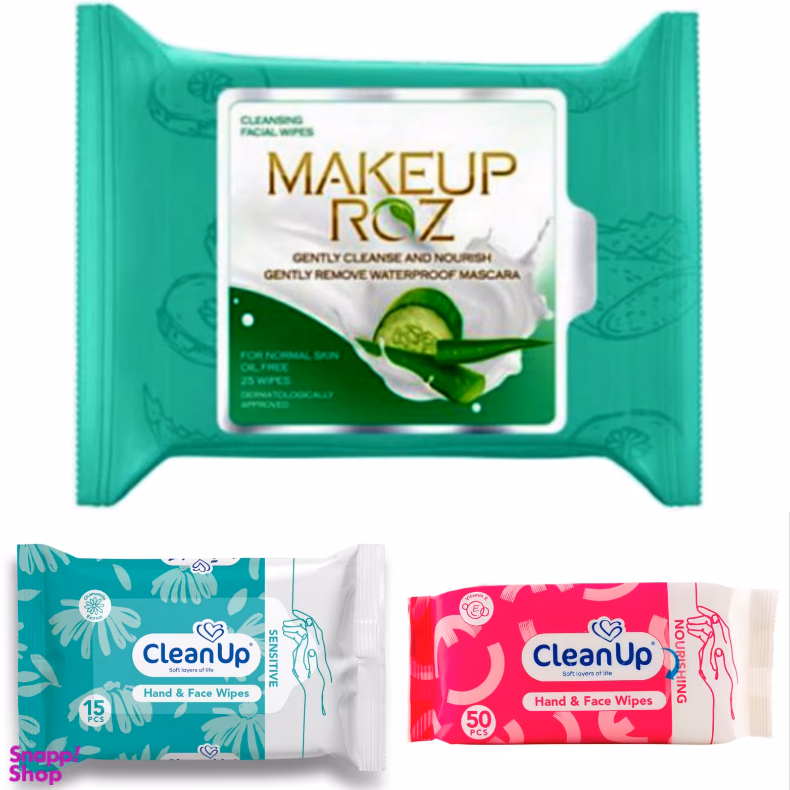 دستمال مرطوب میکاپ رز مدل آلوئه ورا به همراه دستمال مرطوب کلین آپ مجموعه 3 عددی