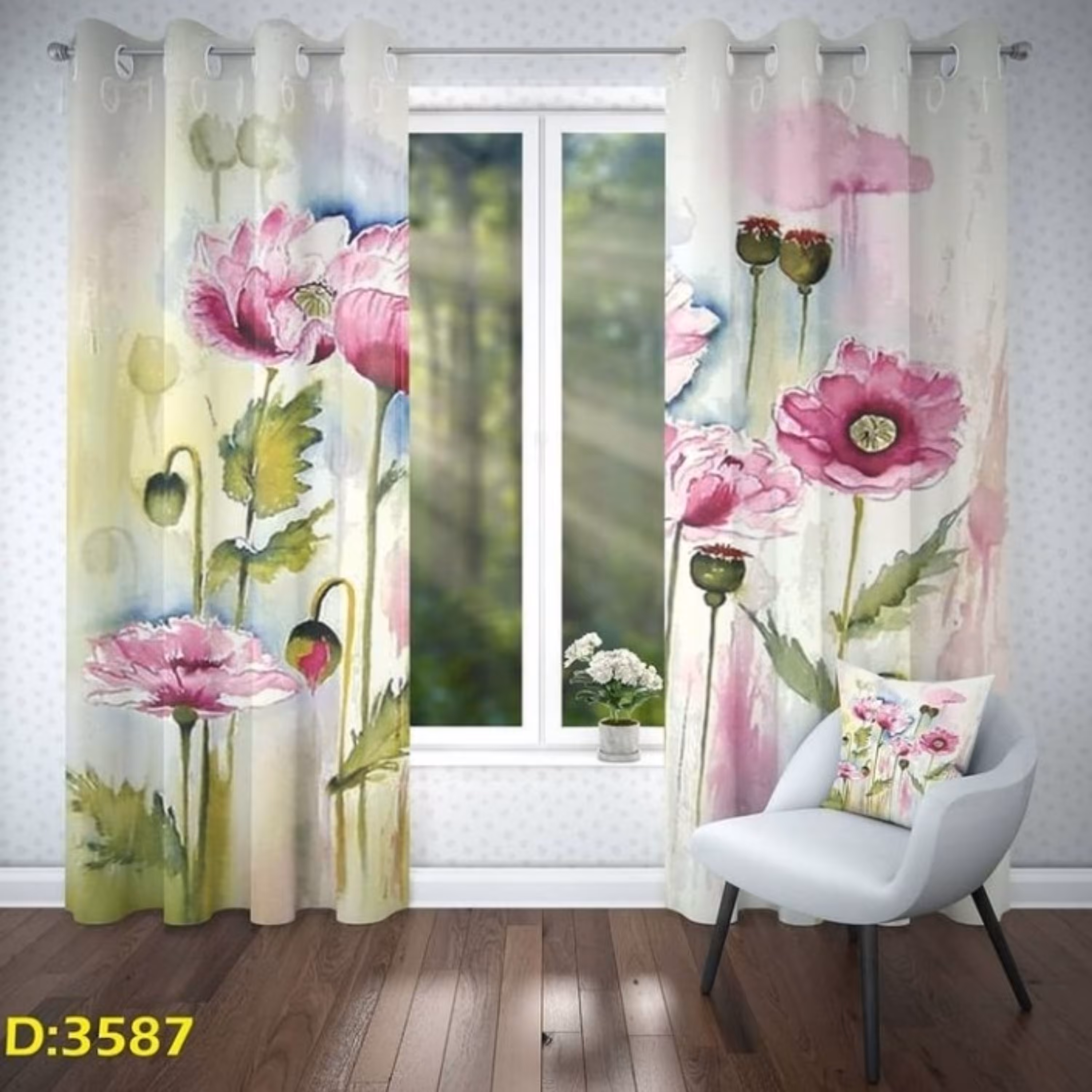 پرده چاپی تصویری گل آبرنگی- کد 3587