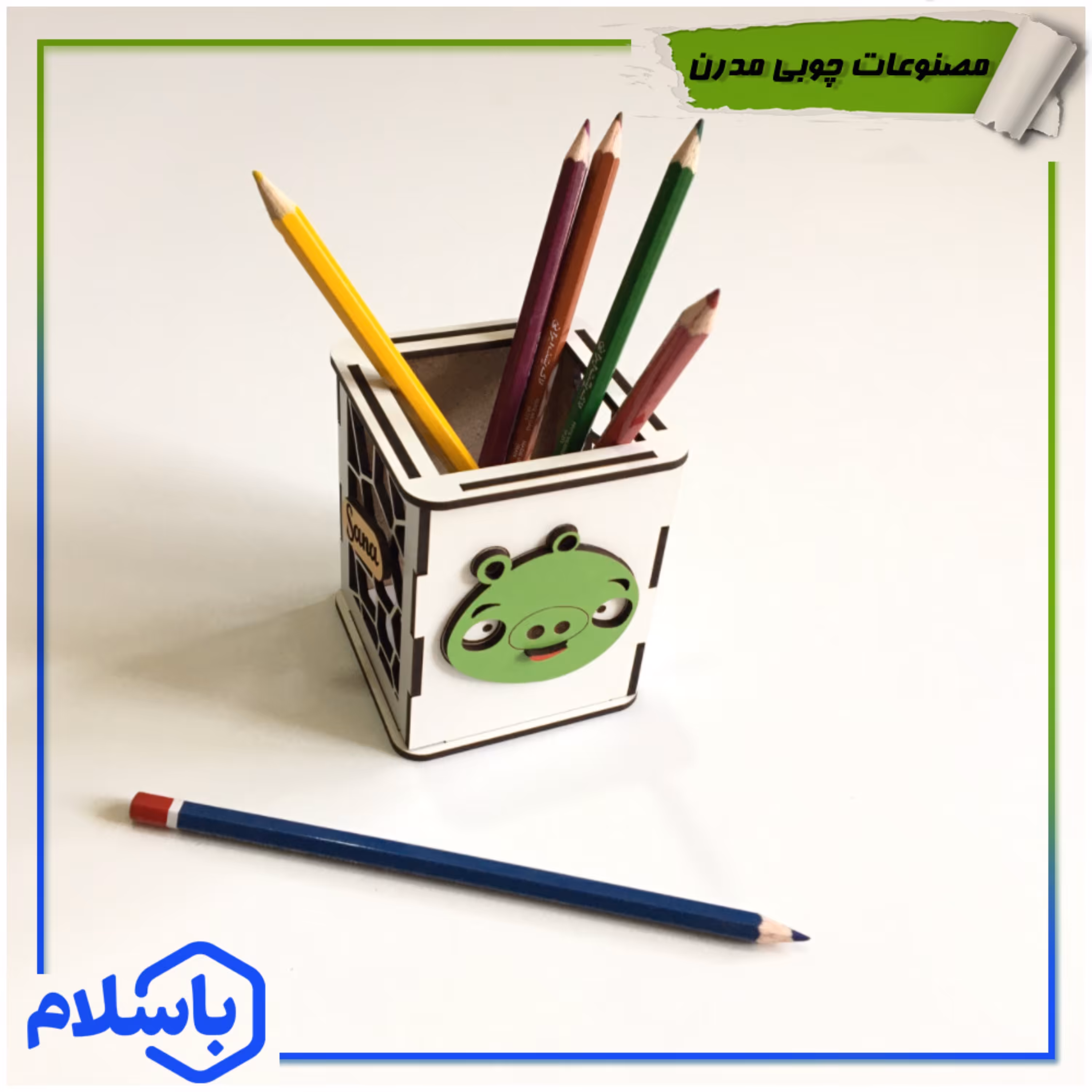 جا مدادرنگی و خودکاری چوبی برش خورده برجسته طرح پرنده خشمگین3باحک اسم (پس کرایه)