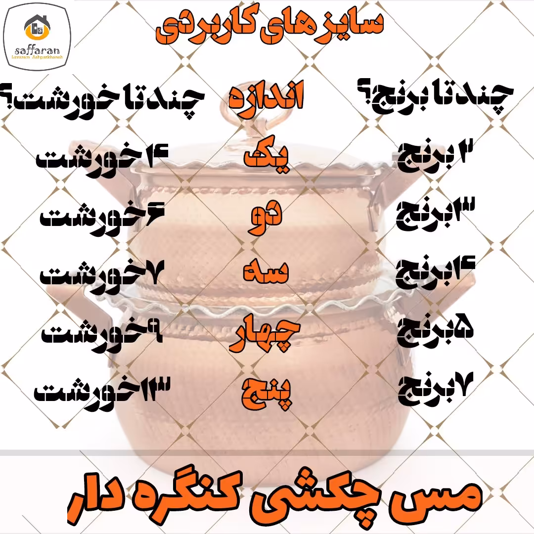 قابلمه مسی چکشی لب کنگره ای
سایز یک 2 نفر برنجی یا 4 نفر خورشتی