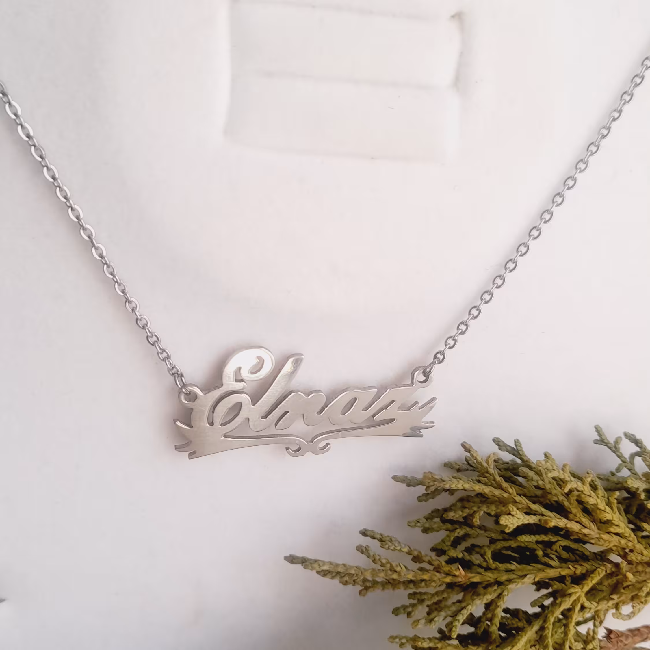 گردنبند زنانه و مردانه پلاک زنجیر استیل اسم الناز نقره ای