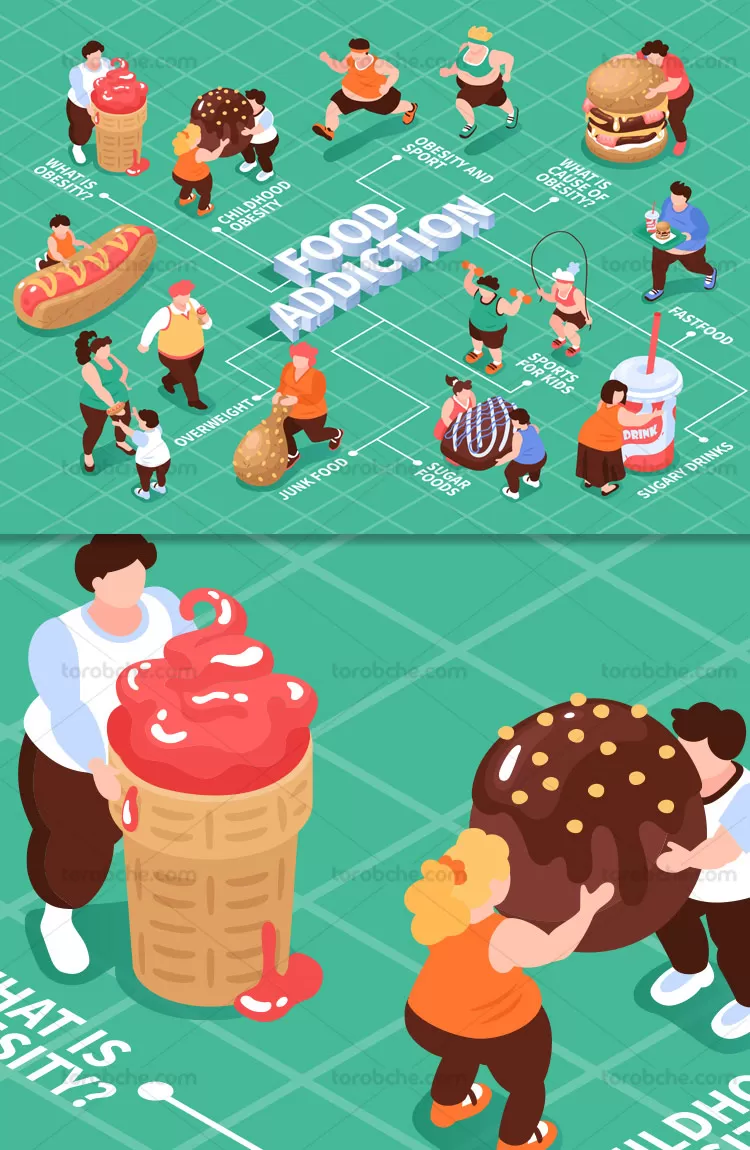 وکتور چاقی و غذاهای پر کالری | گرافیک با طعم تربچه