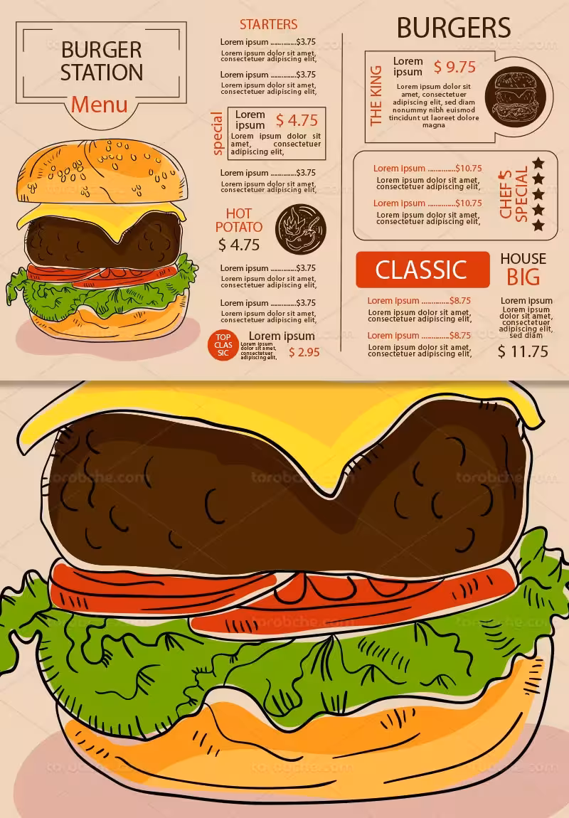 وکتور منوی فست فود خلاقانه | گرافیک با طعم تربچه
