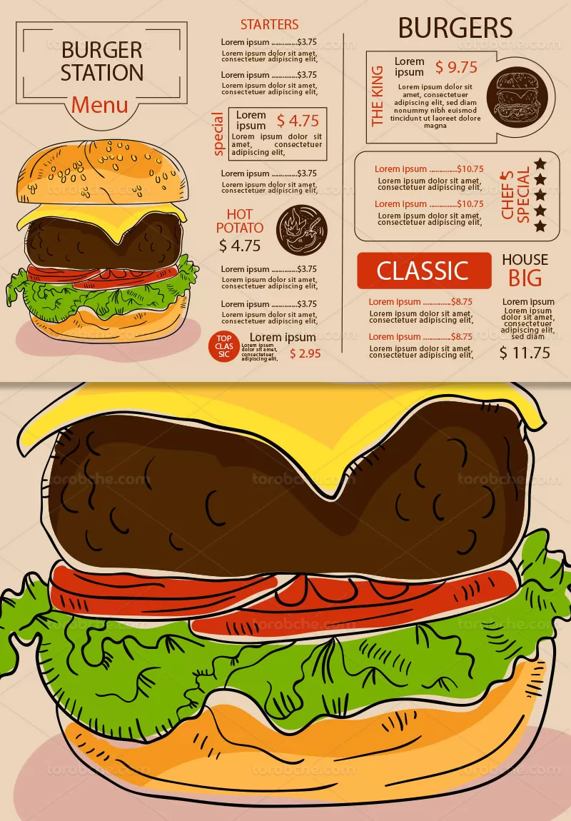 وکتور منوی فست فود خلاقانه | گرافیک با طعم تربچه