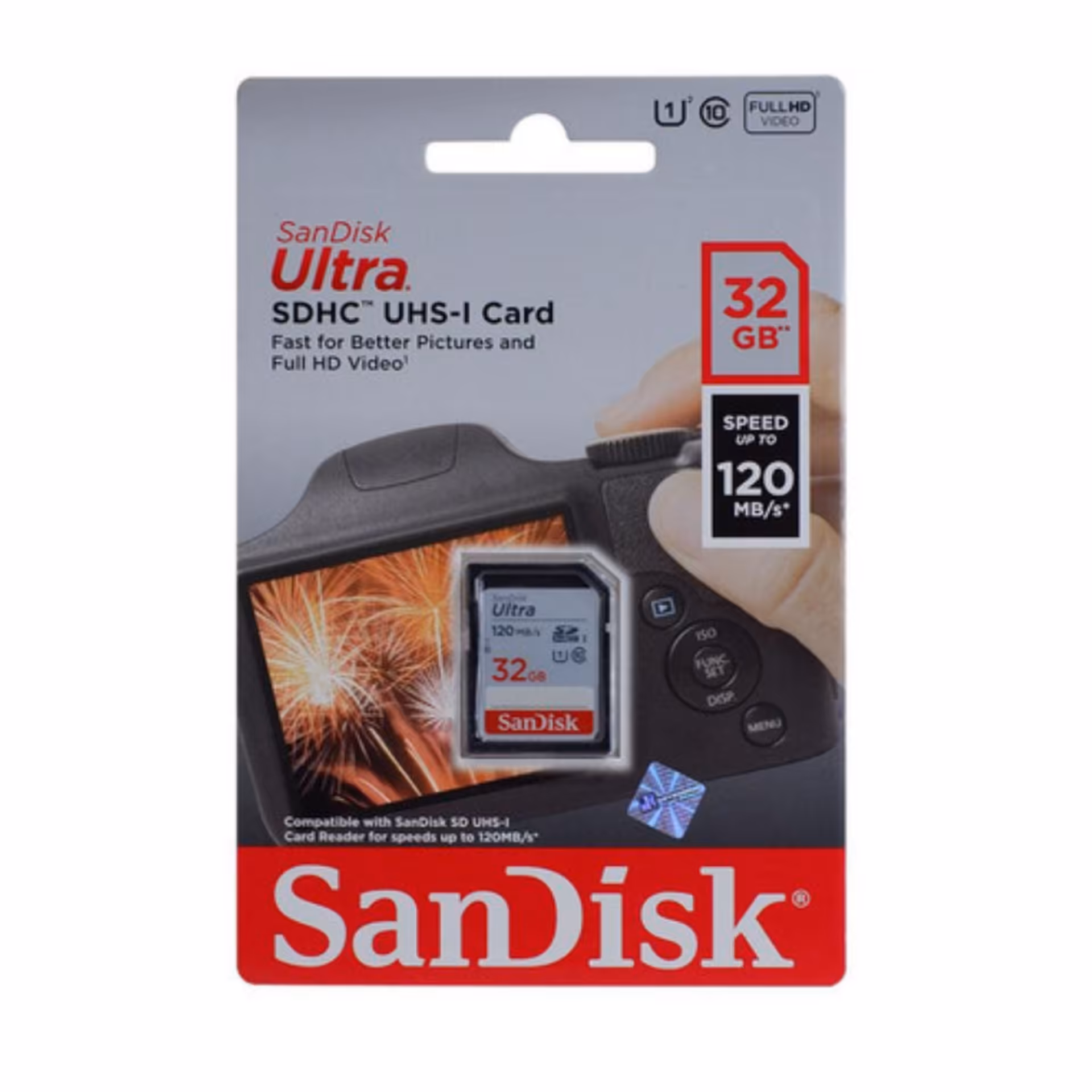 کارت حافظه (SD card) اورجینال برند Sandisk 32 گیگ حافظه و 120 مگابایت بر ثانیه سرعت و گارانتی مادام العمر 