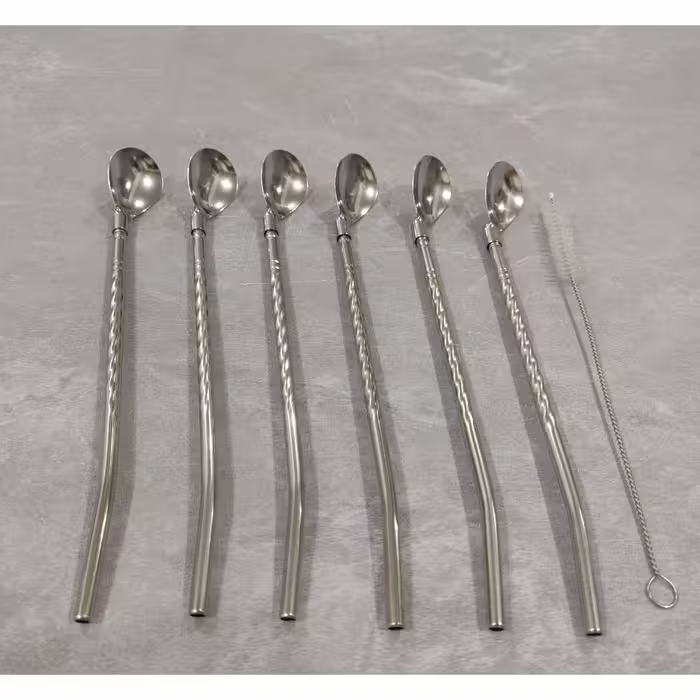 قاشق نی دار استیل طرح پیچ پیچی بسته6 عددی همراه با فرچه مناسب شربت و نوشیدنی طول 22سانت
