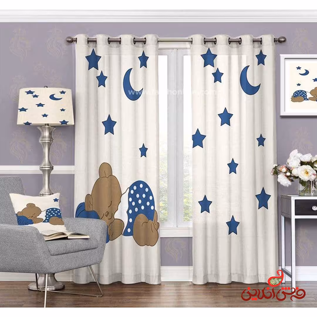 پرده 2عددی کودک طرح خرس خوابیده و ماه و ستاره کد 3137