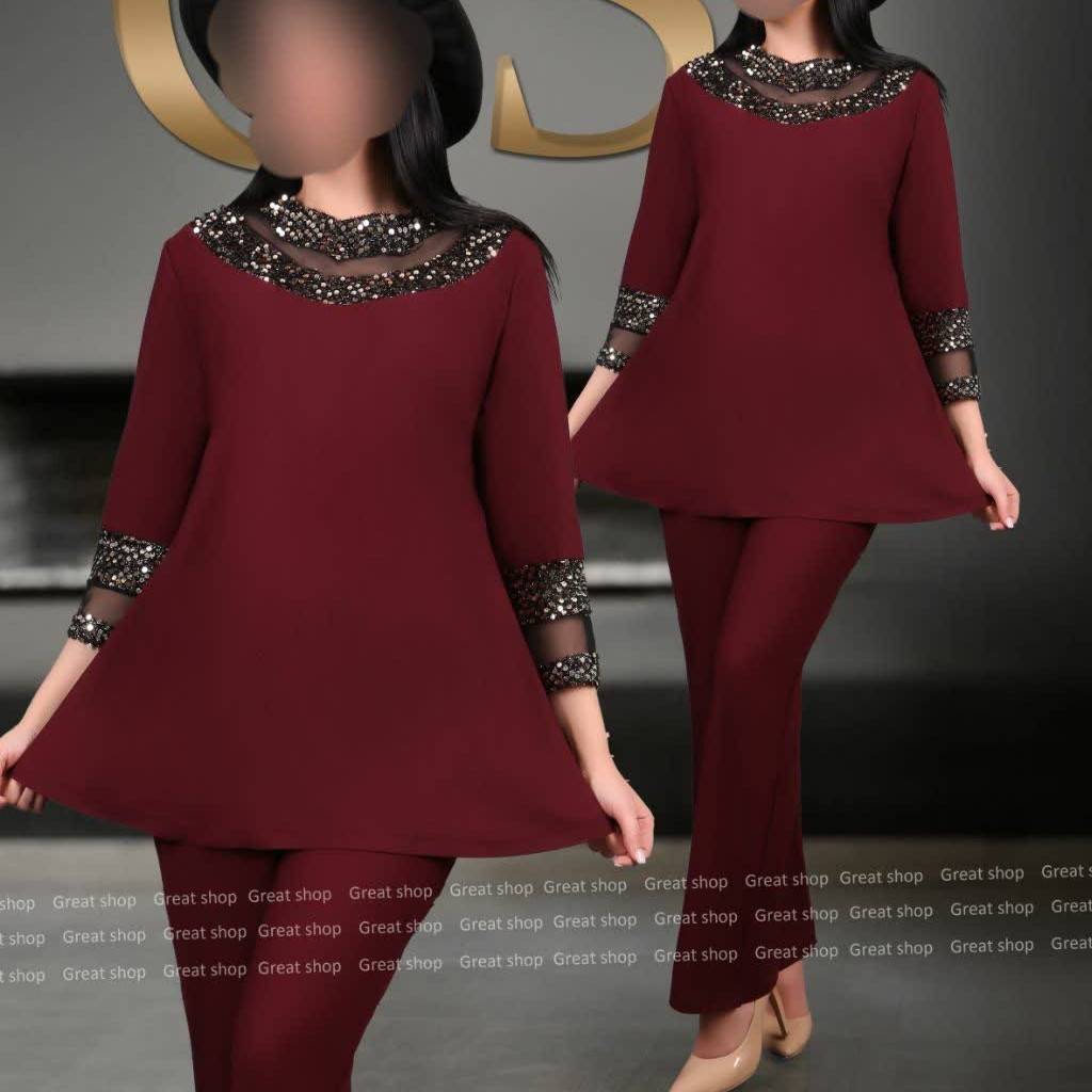 ست شومیز شلوار زنانه یقه پولکی رنگبندی ارسال رایگان 