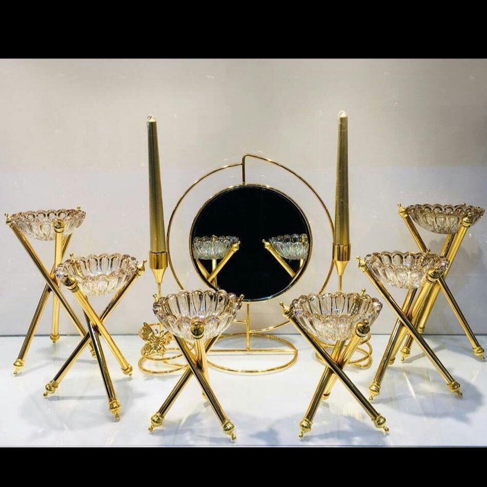 هفت سین با آینه شمعدان سه پایه فلزی آبکاری فورتیک