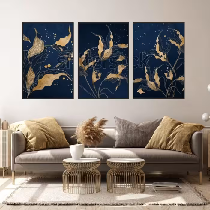 تابلو دکوراتیو گل وبرگ طلایی وسورمه ای سه تکه 