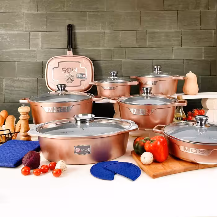 سرویس قابلمه ام جی اس17 پارچه چدن گرانیت MGS طرح جرمنی  C رنگ رزگلد باضمانت