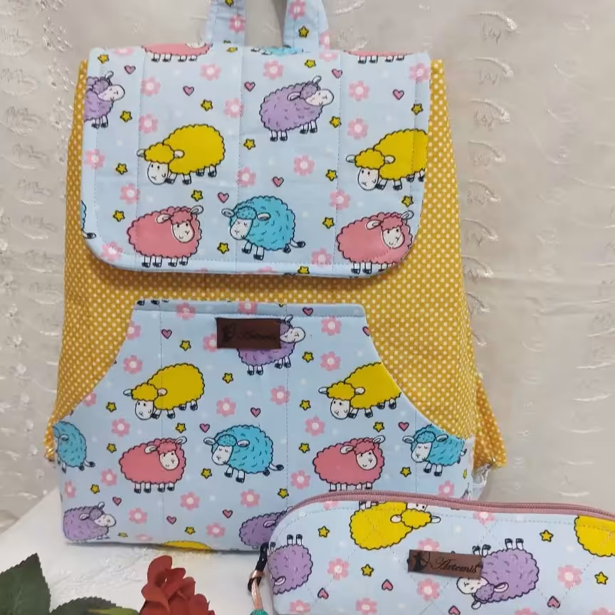 ست کوله وجامدادی با پارچه کتان نخ 