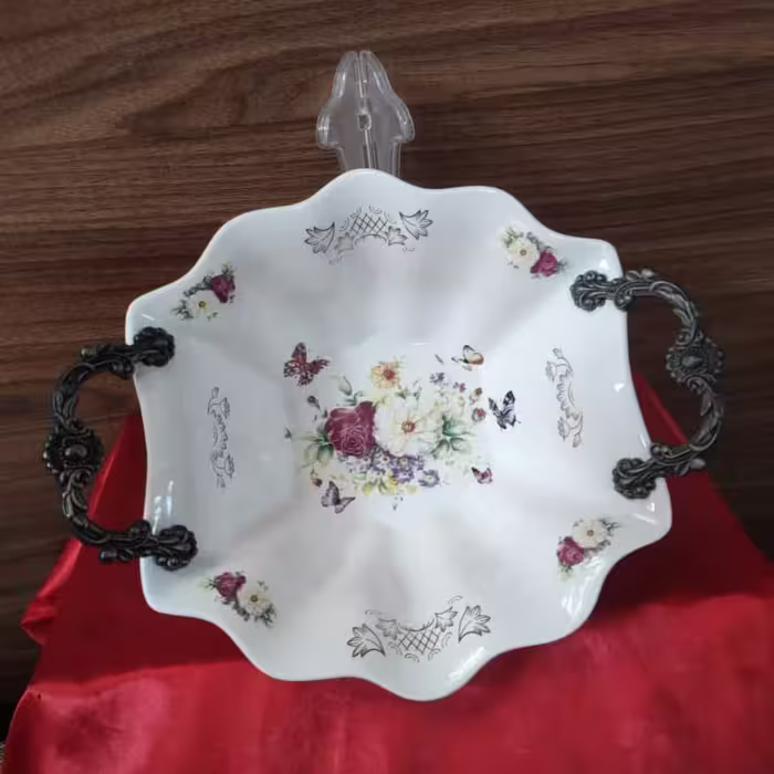 کاسه ماست خوری گل سرخ (آجیل خوری ) ،دسته پیوتر ، جنس سرامیکی 