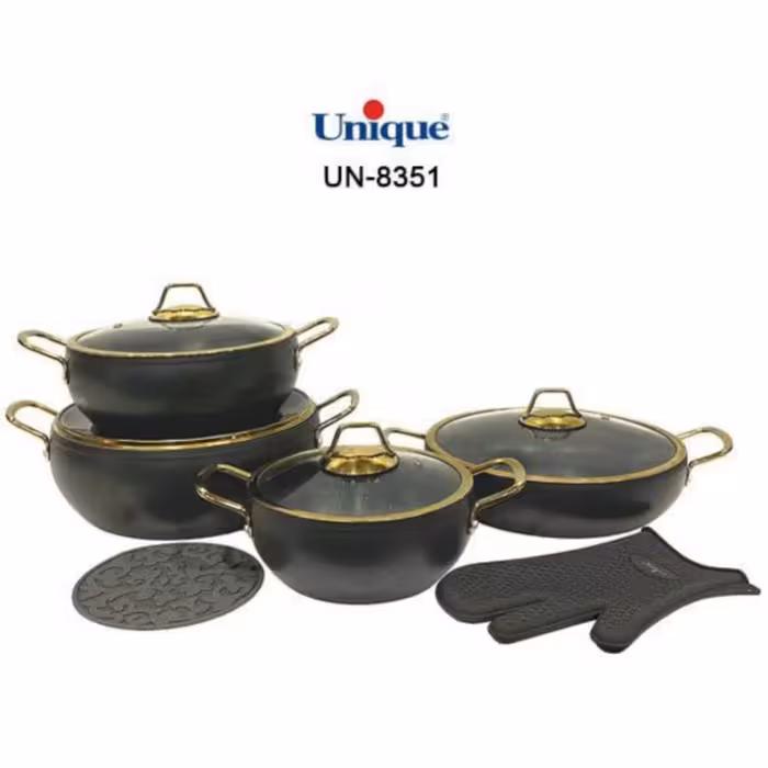 سرویس قابلمه 8 پارچه طوسی خمره ای
با دستکش و زیر قابلمه ای یونیک
کد  8351 