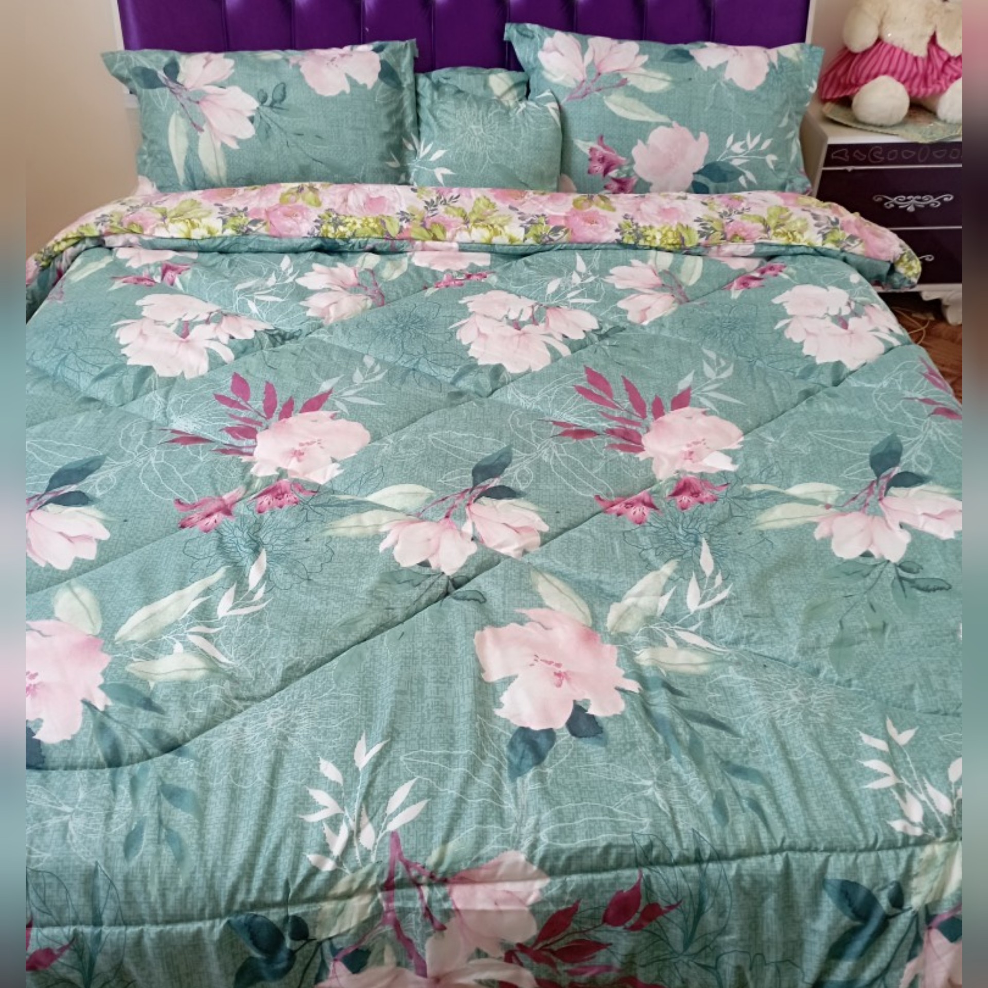 روتختی دونفره میکروپلاس دورو سبز ابی و گل صورتی 330گرمی تخفیف قیمت خرید 