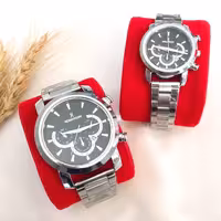 ست ساعت زنانه و مردانه مارک رومانسون بنداستیل نقره ای صفحه مشکی. طرح سه موتوره 