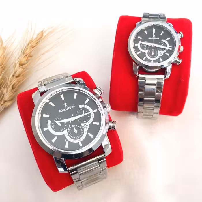 ست ساعت زنانه و مردانه مارک رومانسون بنداستیل نقره ای صفحه مشکی. طرح سه موتوره 