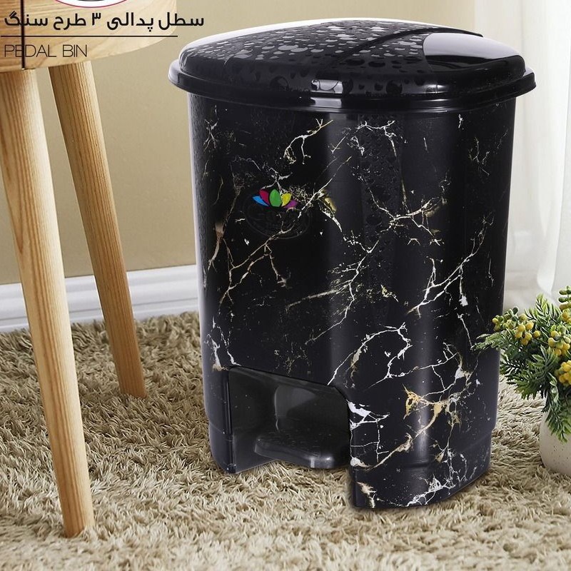 سطل زباله پدالی ماربل طرح سنگ ، سایز بزرگ،رنگ مشکی، ارتفاع 36 قطر 30