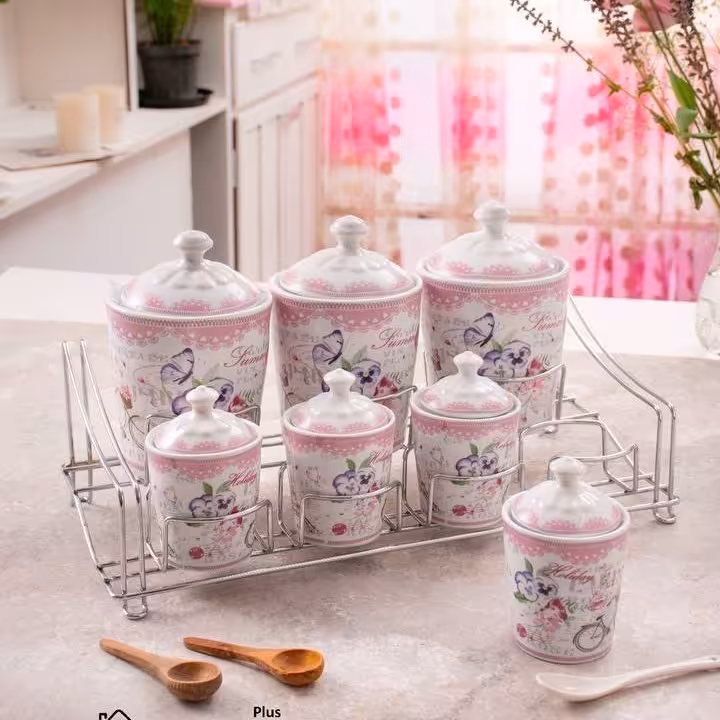 ادویه پاسماوری چینی گلدار 7 پارچه استنددار طرح پاریس صورتی