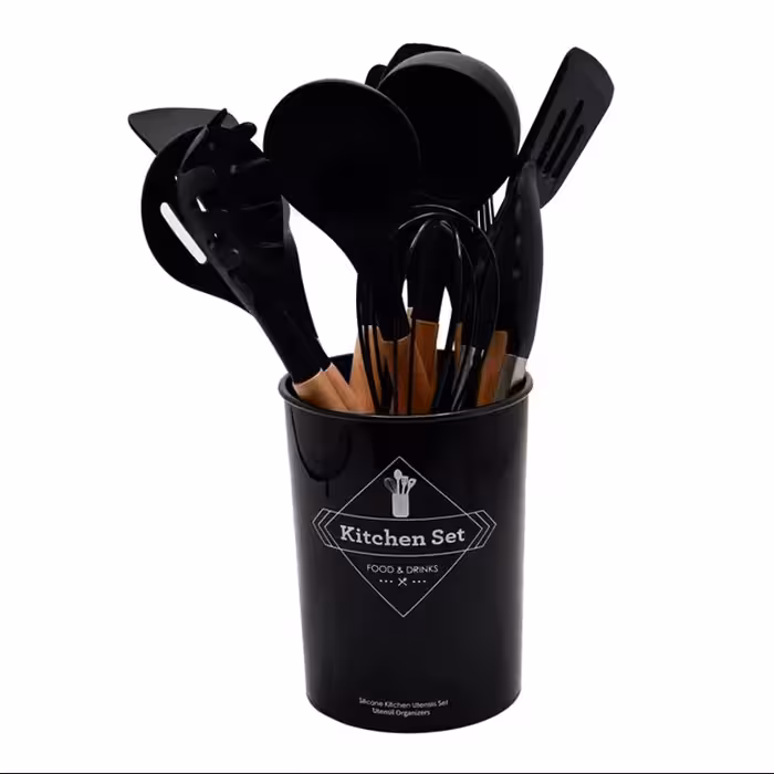 سرویس کفگیر ملاقه سیلیکونی دسته چوبی 12پارچه kitchen set