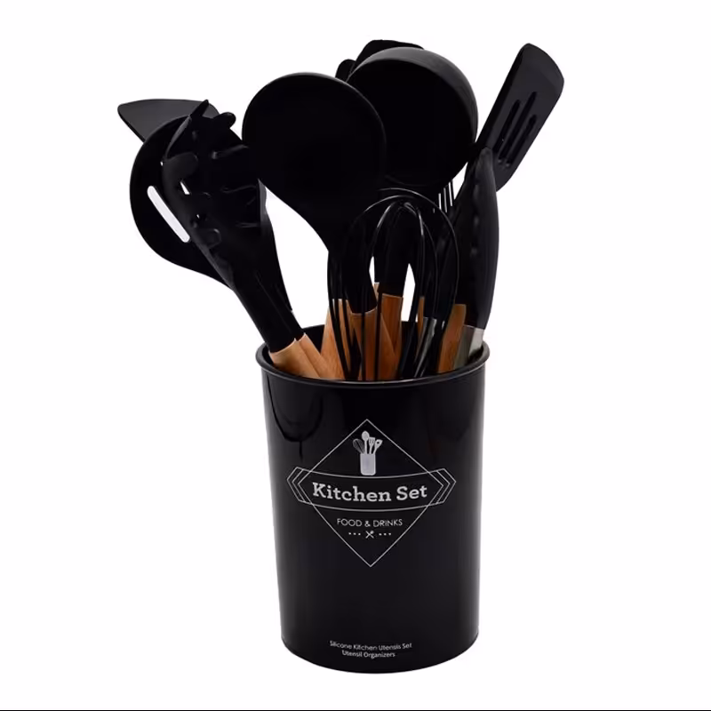 سرویس کفگیر ملاقه سیلیکونی دسته چوبی 12پارچه kitchen set