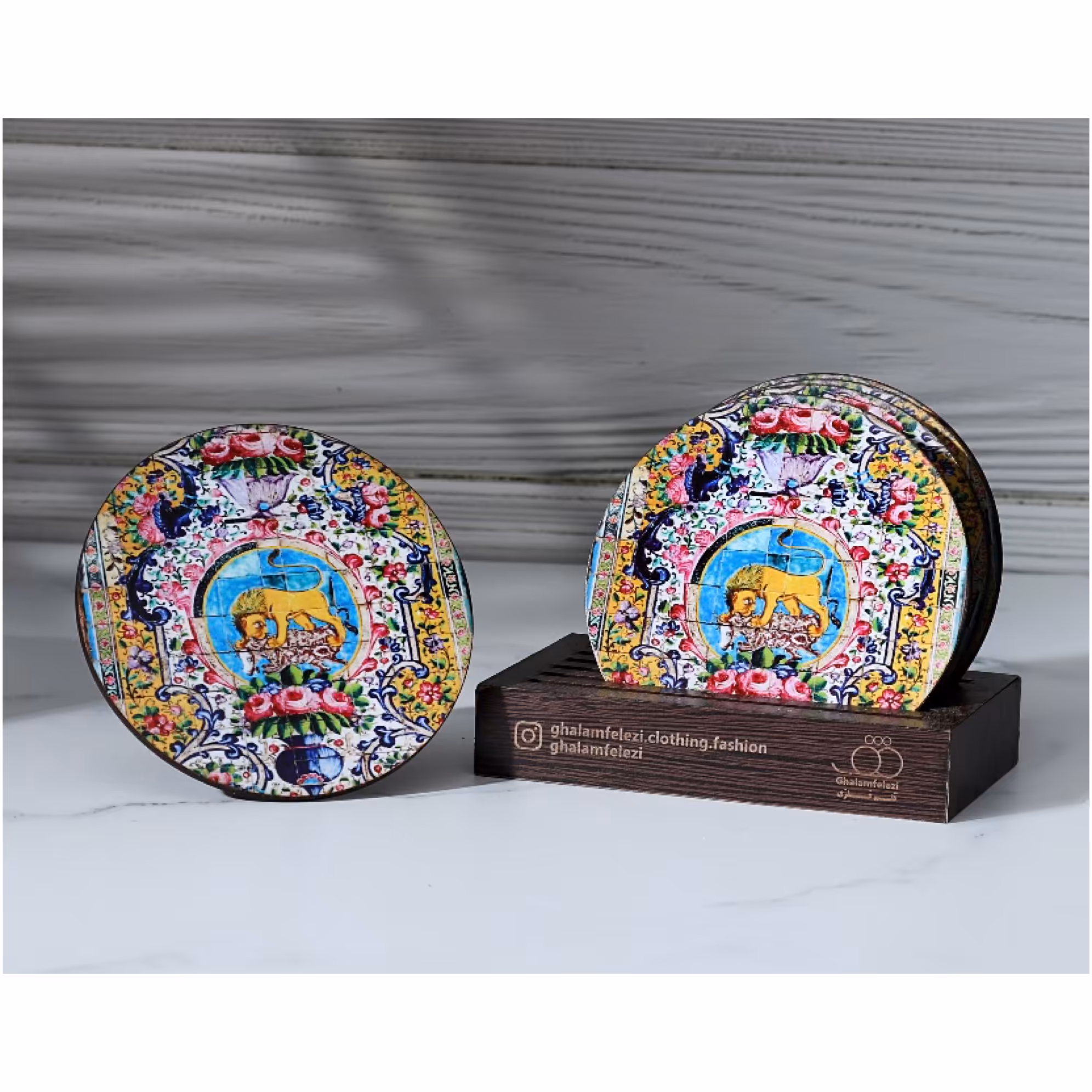 زیر لیوانی دایره طرح کاخ گلستان شیر دار  پک دو تایی