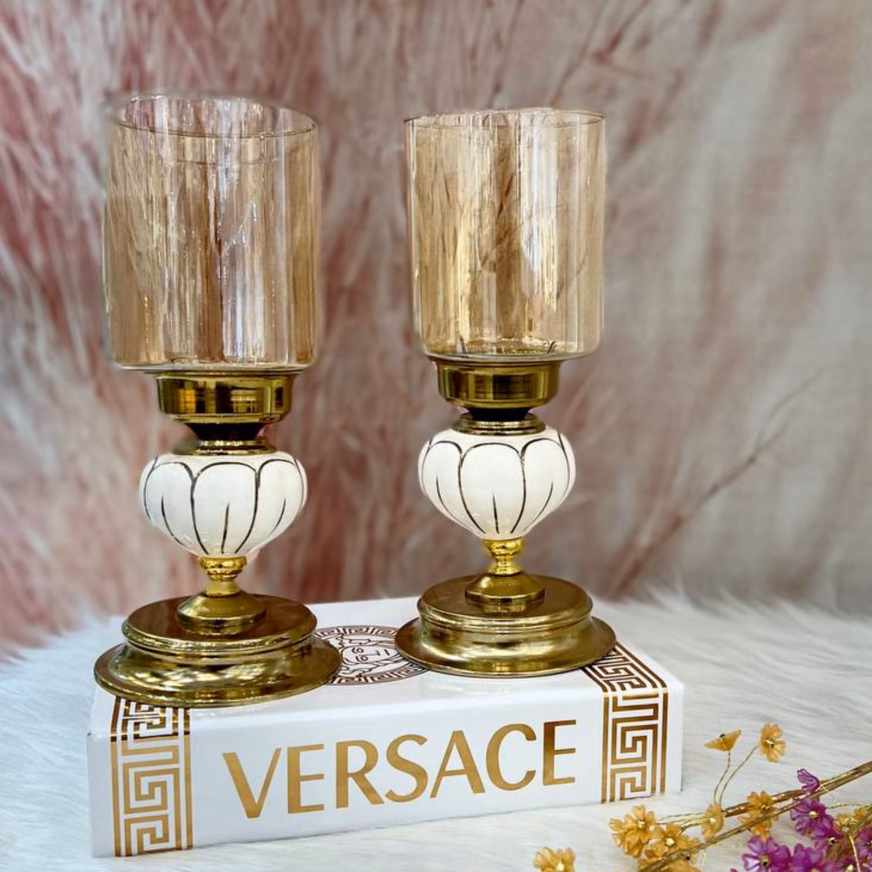 شمعدان جفتی سرامیکی پایه طلایی