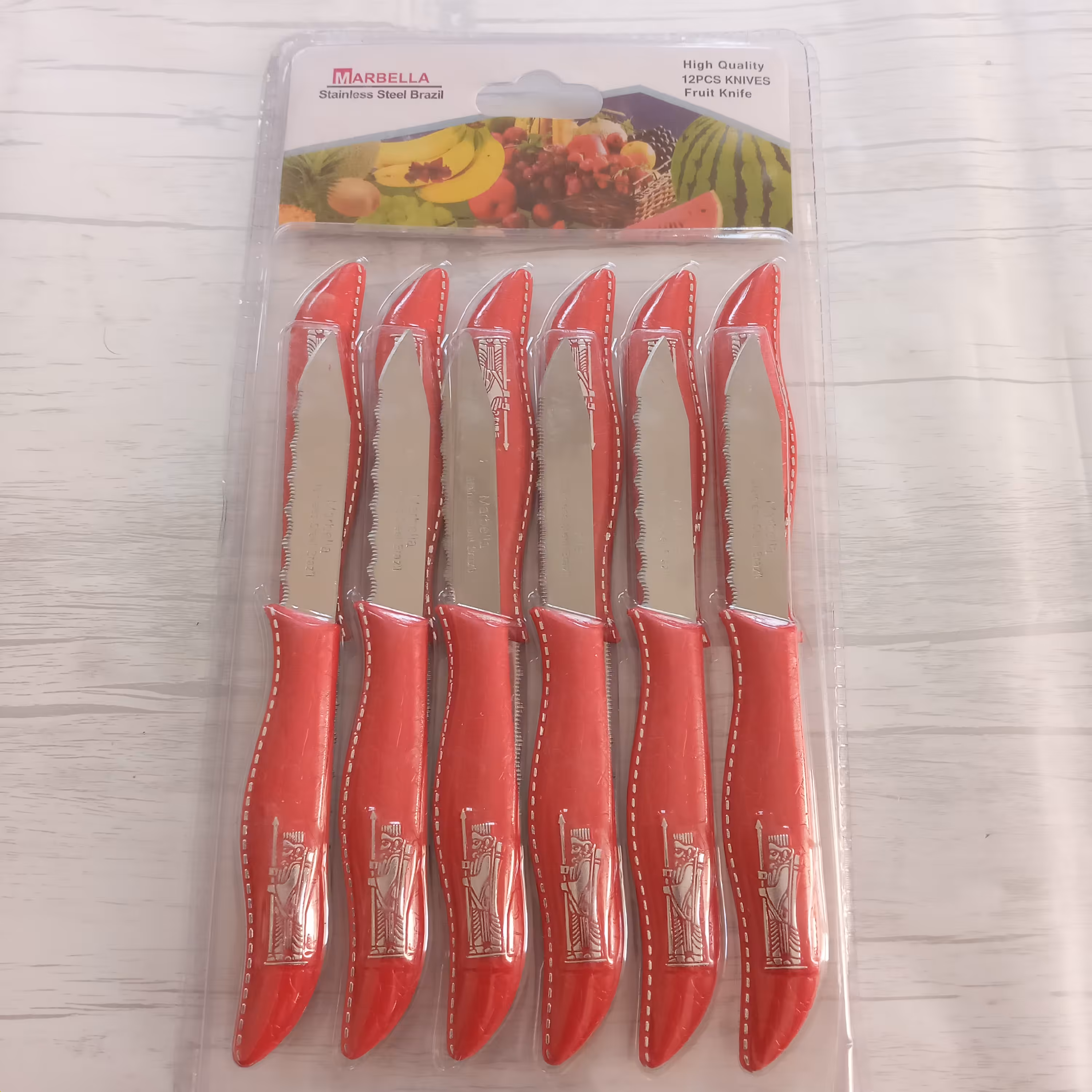 چاقو میوه خوری ماربلا 12 عددی طرح هخامنشی برجسته تیغه استیل دسته پلاستیک فشرده وارداتی برزیل کارد میوه خوری رنگ قرمز 