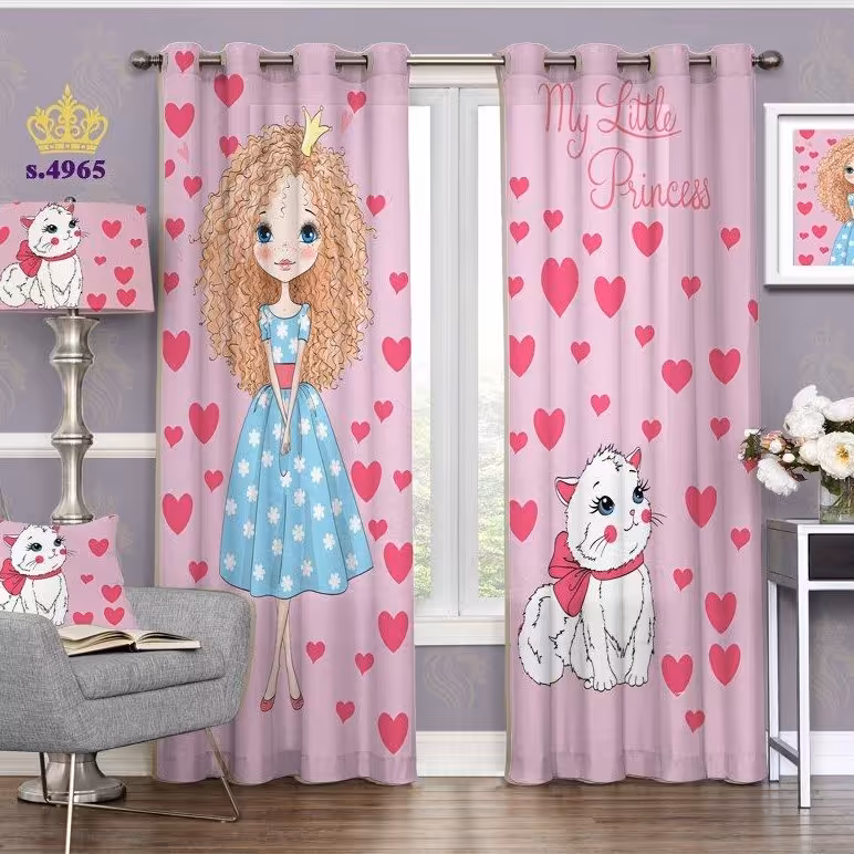 پرده اتاق خواب کودک دخترانه دو قواره پانچ طرح دختر و گربه کد S4965