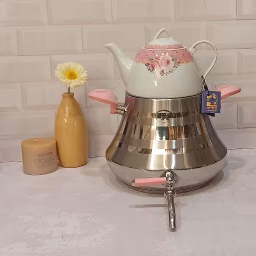 کتری قوری روگازی کد 113مدل نپتون صورتی برند اف ار سماور شیردار کف چدن دسته نسوز 