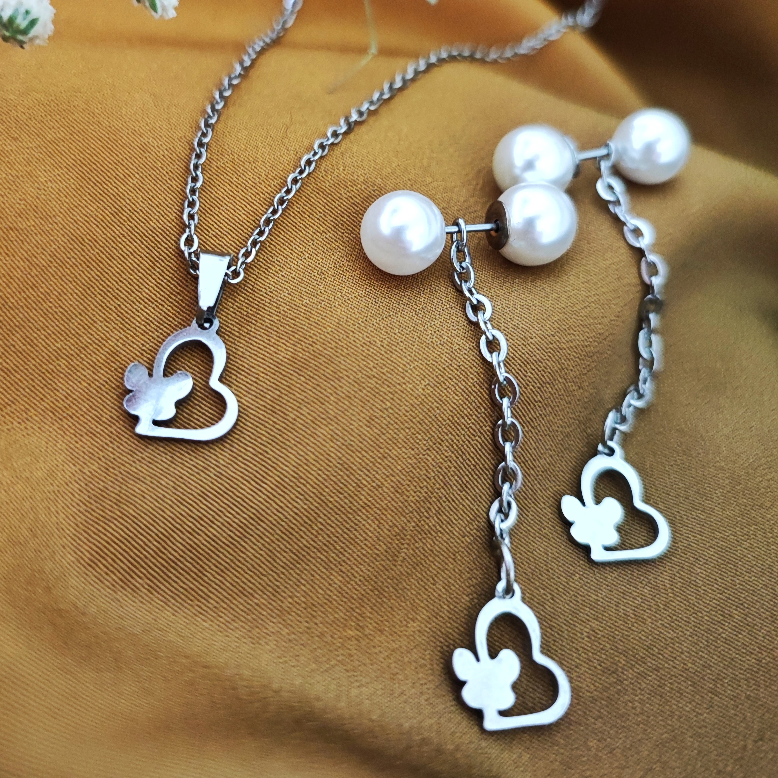 نیم ست گردنبند و گوشواره استیل رنگ ثابت قابل شستشو مرواریدی 