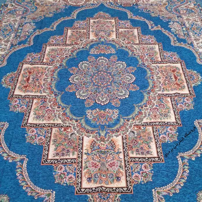 روفرشی 6 متری مخمل زرکدار سبزآبی طرح زیبای حوض نقره