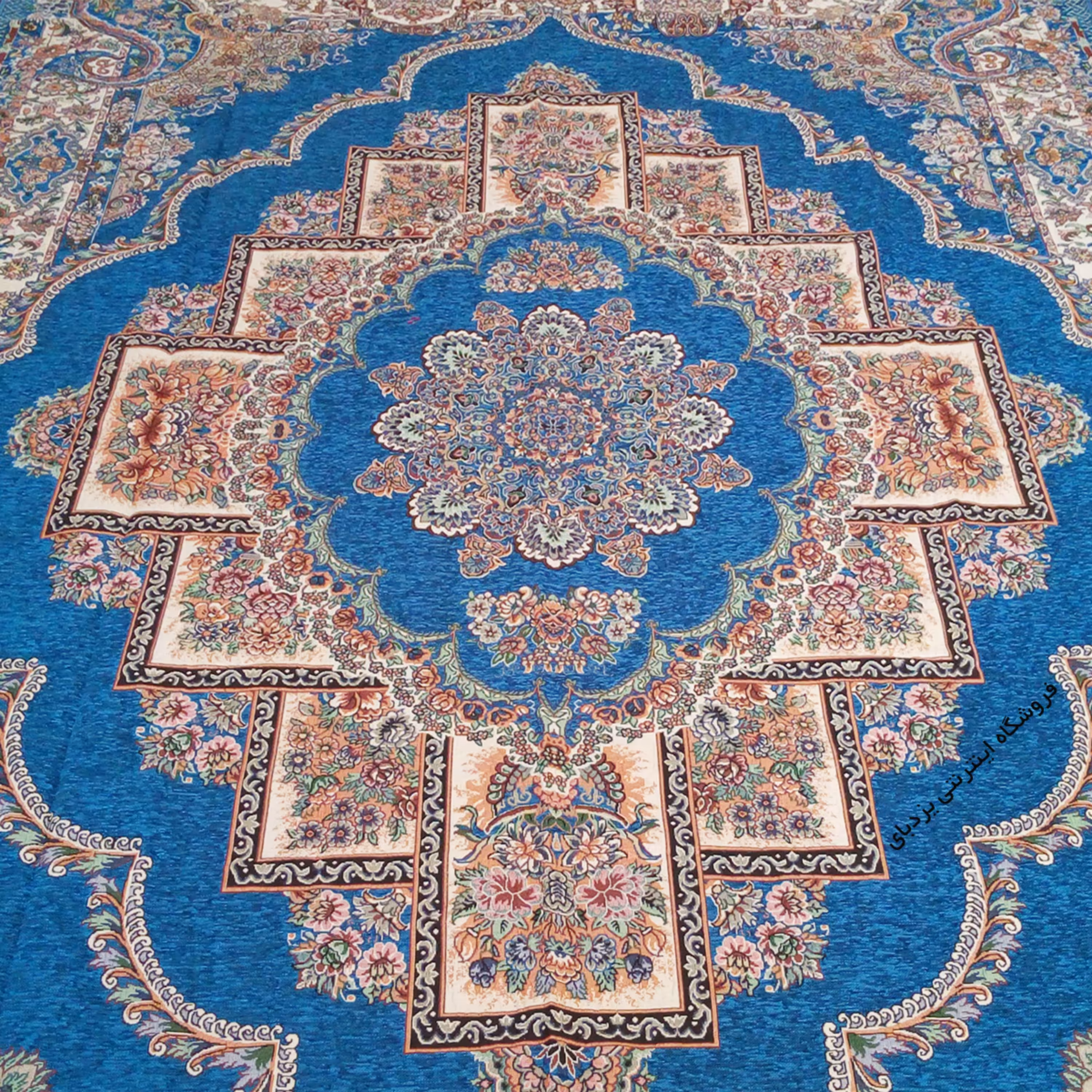 روفرشی 6 متری مخمل زرکدار سبزآبی طرح زیبای حوض نقره