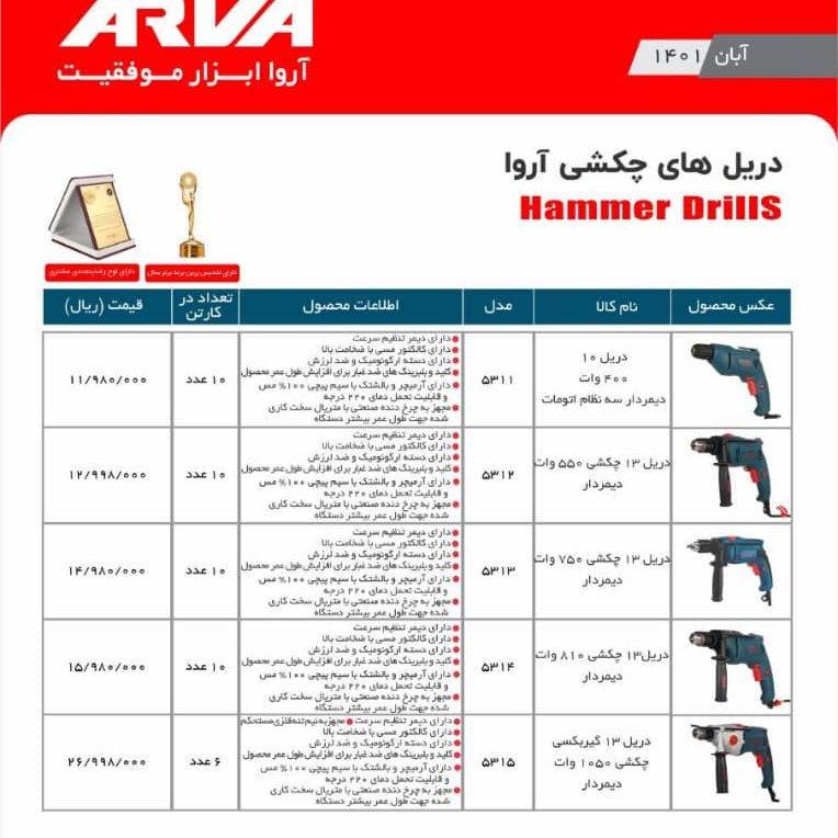 دریل چکشی 810 وات دیمردار  اروا 13    5314