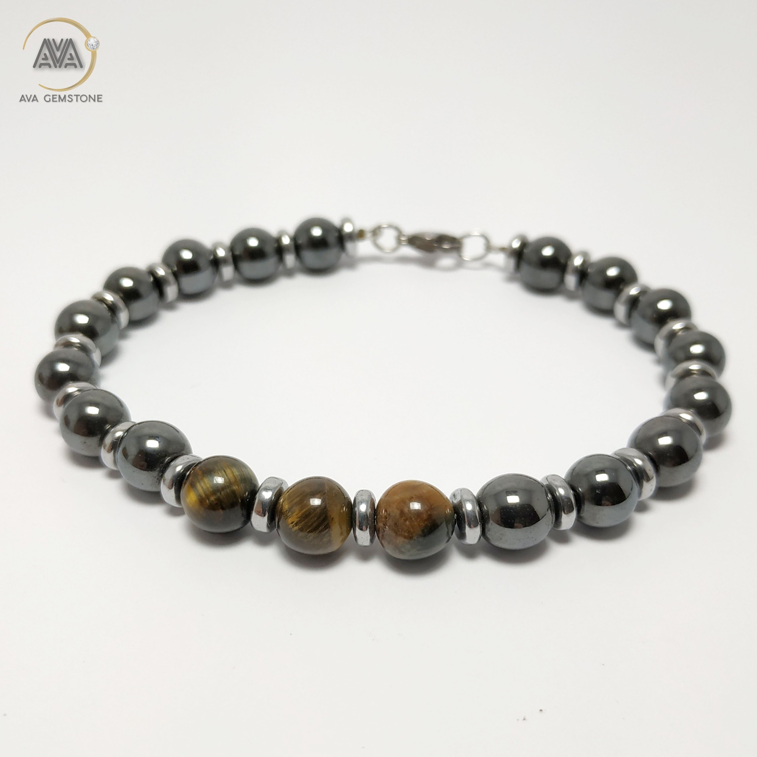 دستبند سنگ حدید و سنگ چشم ببر قهوه ای تیره با قفل و بست استیل ضد حساسیت رنگ ثابت 