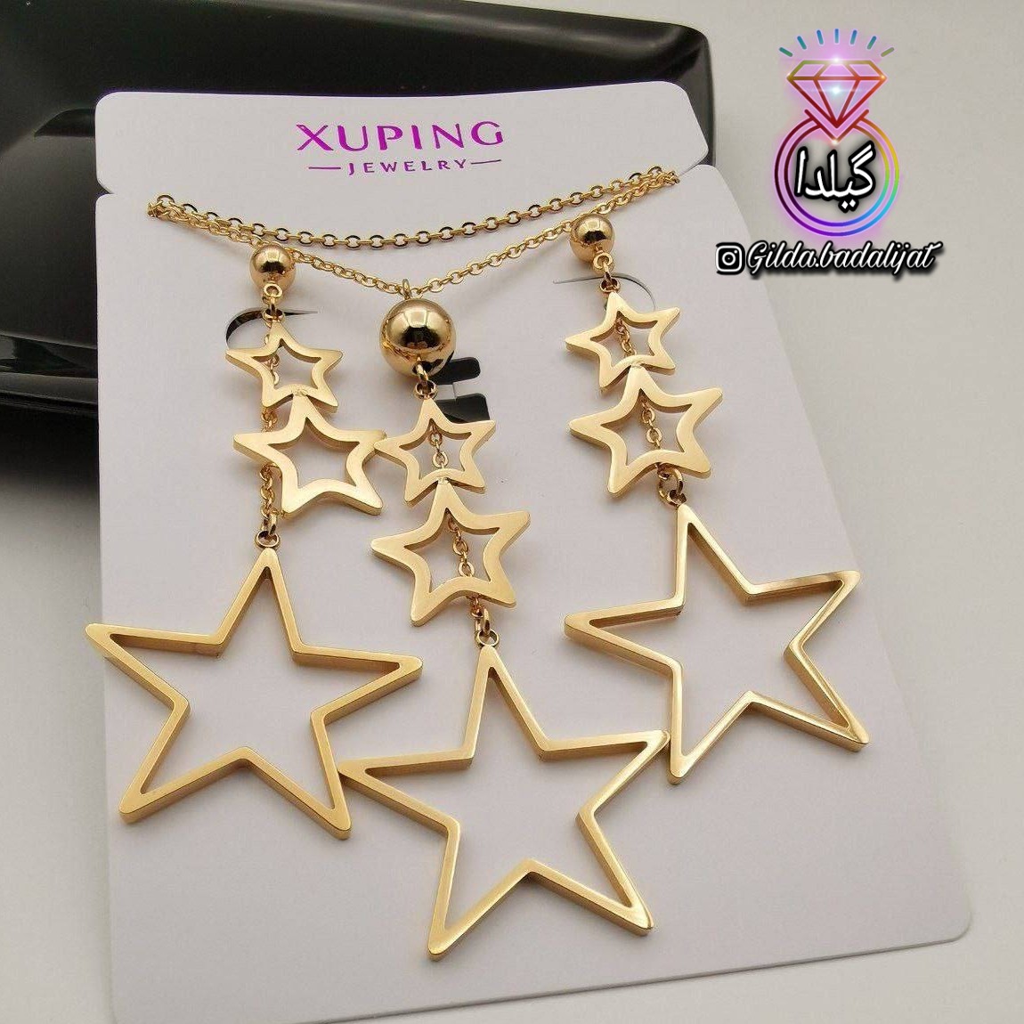 نیم ست ستاره قابل ست با انگشتر مارک معتبر ژوپینگ کاملا مشابه طلا آبکاری طلای 18عیارضدحساسیت بهترین روز زن