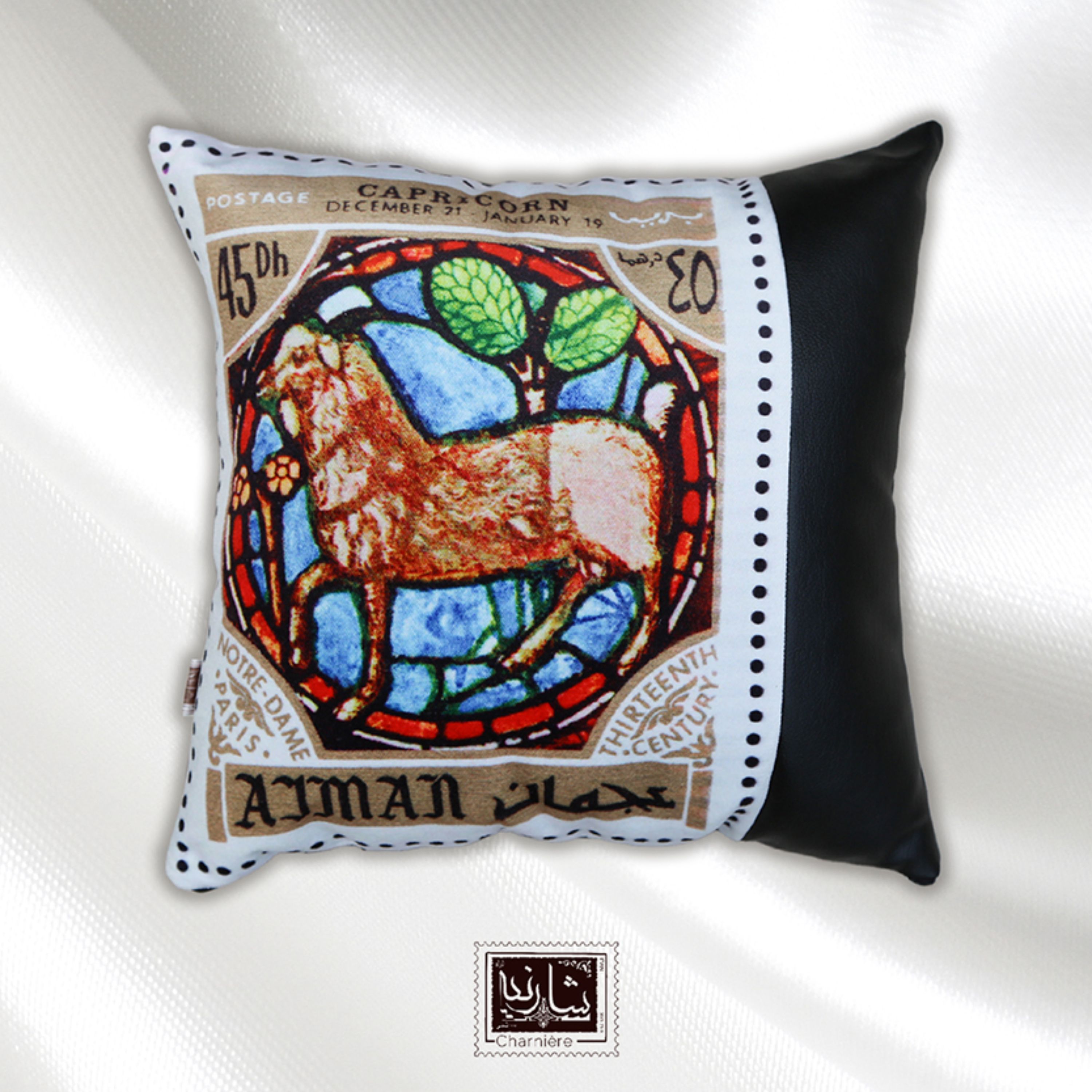 کوسن مخمل شارنیه با طرح تمبر ماه تولد دی