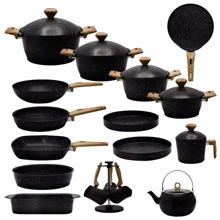 سرویس قابلمه 24 پارچه گرانیتی مشکی ماربل   برند گیگیلی ترکیه  دوروگرانیتی 