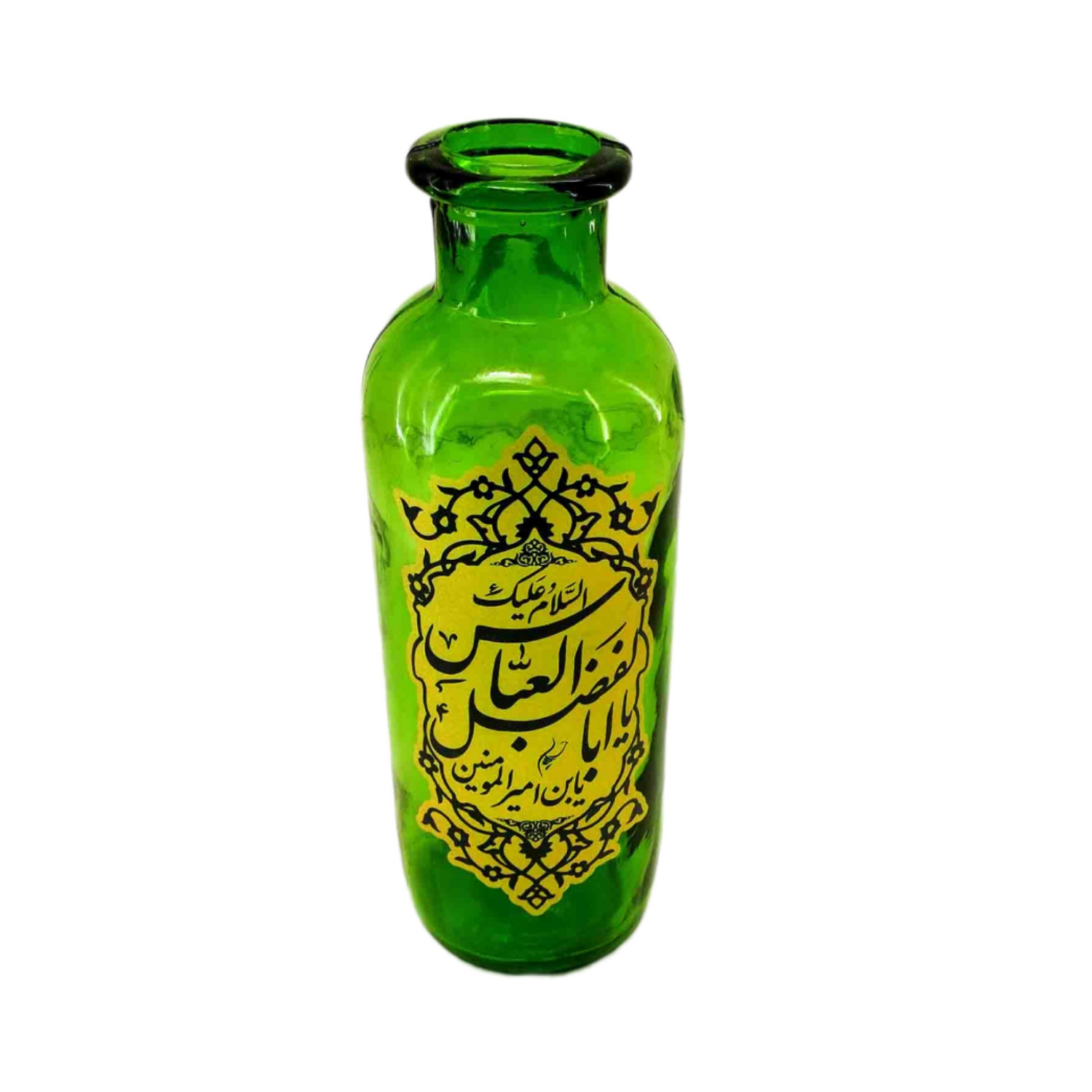 102913-گلدان شیشه ای استوانه ای مذهبی سبز یا اباالفضل ع قطر6 ارتفاع18 سانت
