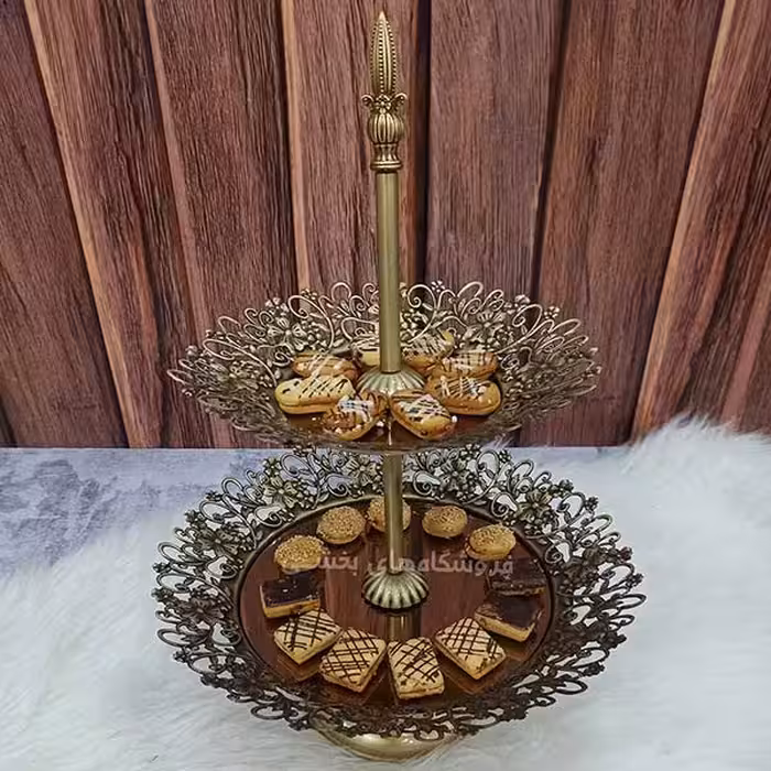 شیرینی خوری کف آینه مدل گل 2 طبقه زمرد آنتیک