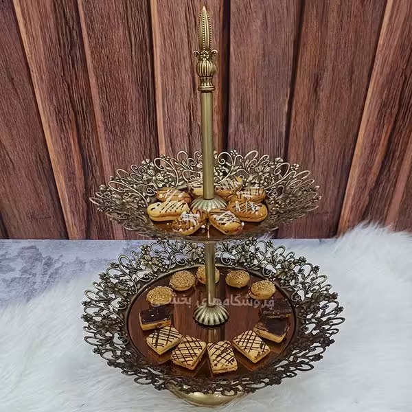 شیرینی خوری کف آینه مدل گل 2 طبقه زمرد آنتیک