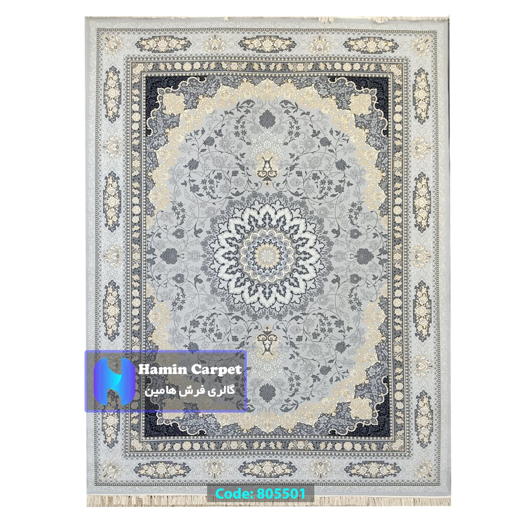 فرش 4 متری 700شانه تراکم 2550 نخ آکلریک رنگ زمینه نقره ای کد AR805501