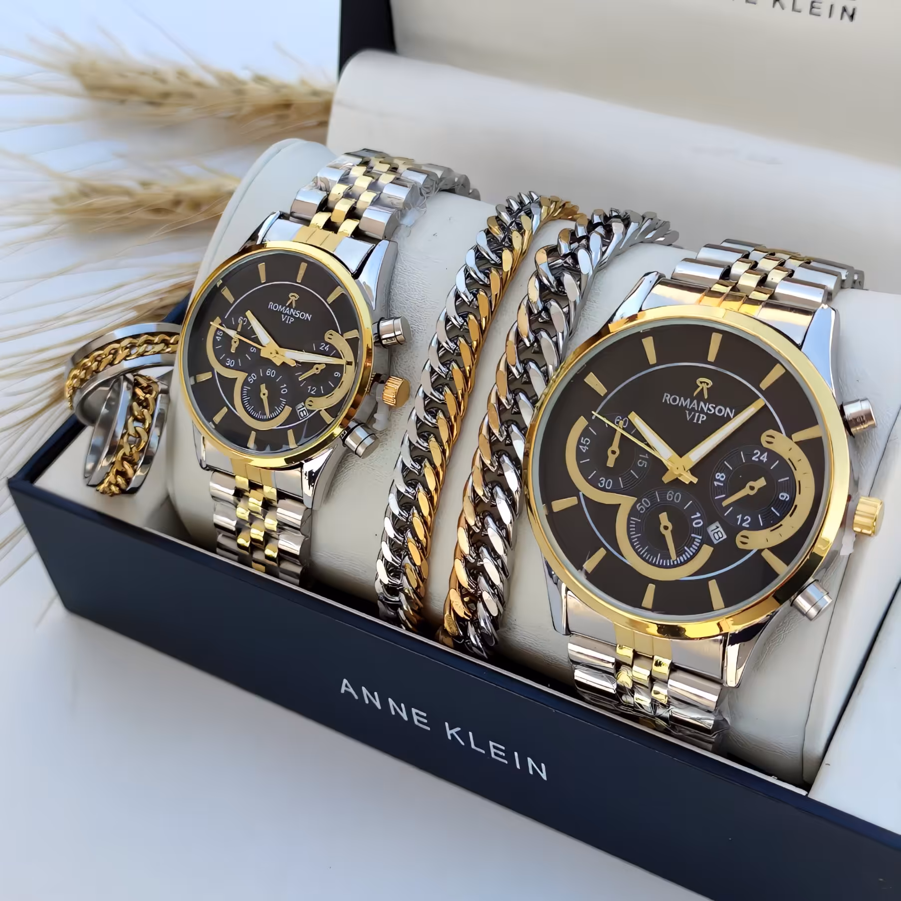 ست ساعت زنانه و مردانه رومانسون vip  با دستبند و حلقه  طلایی نقره ای  با ارسال رایگان