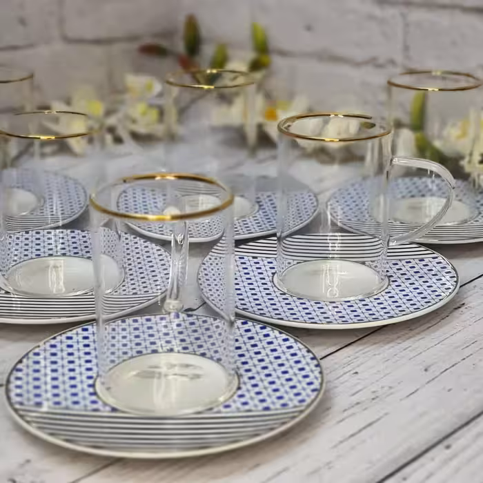 ست چایخوری پیرکس 6 نفره برند نیو بن چین طرح آنجلا آبی همراه با جعبه کادویی