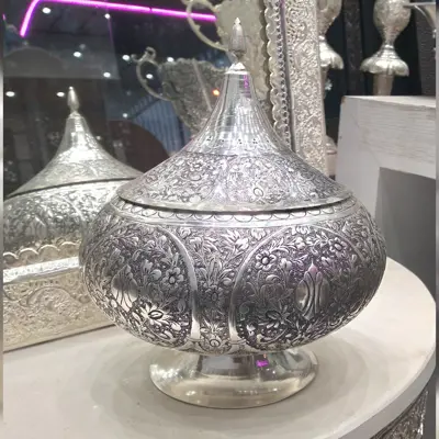 شکلات خوری قلمزنی نقره نما مناسب جهیزیه عروس مدل سیاه قلم