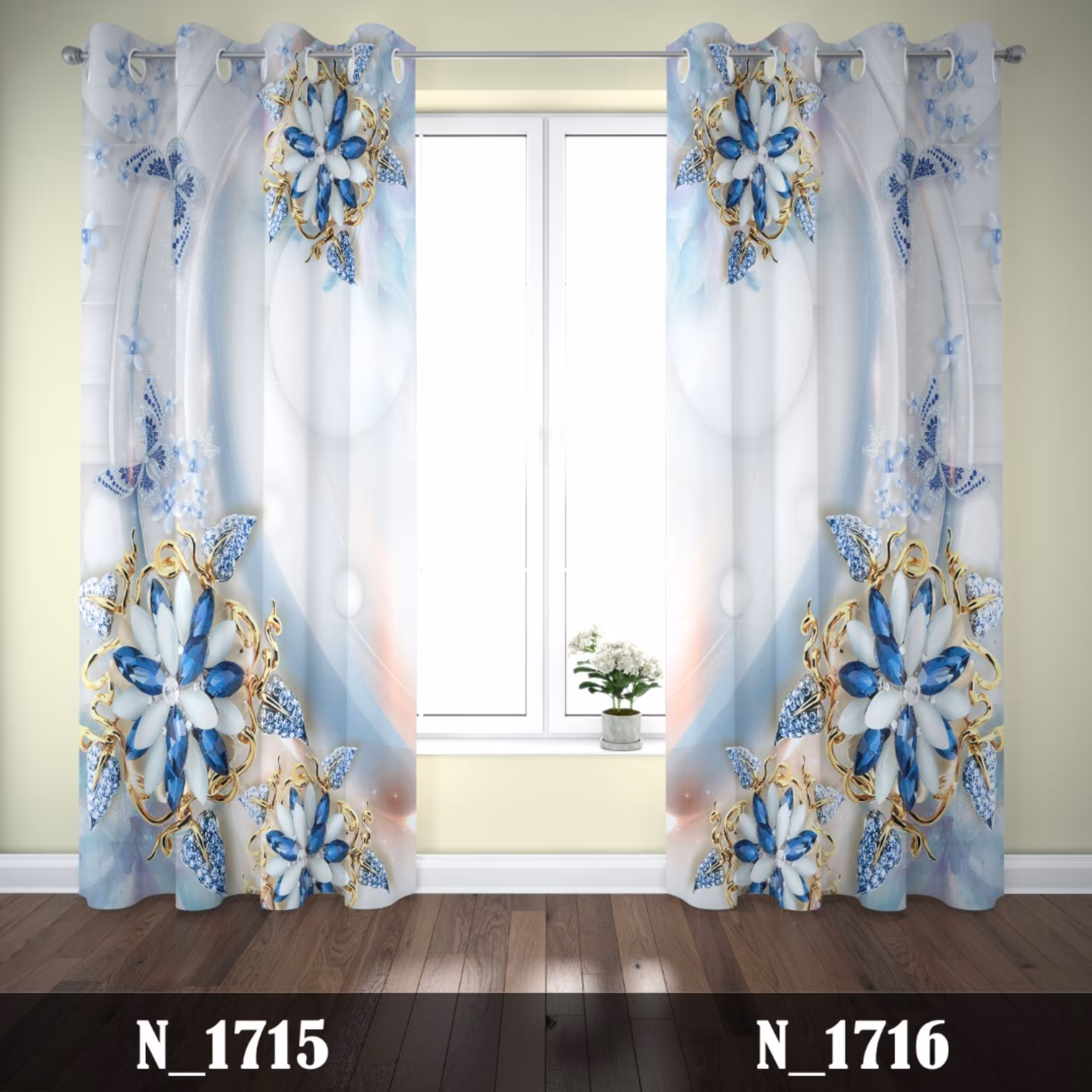 پرده چاپی طرح گل و پروانه جواهر سه بعدی 