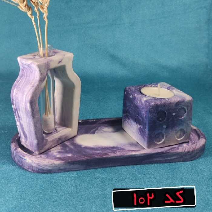 ست سه تکه جتشمعی تاس و گلجا کوزه و سینی بیضی در رنگ سفید بنفش 